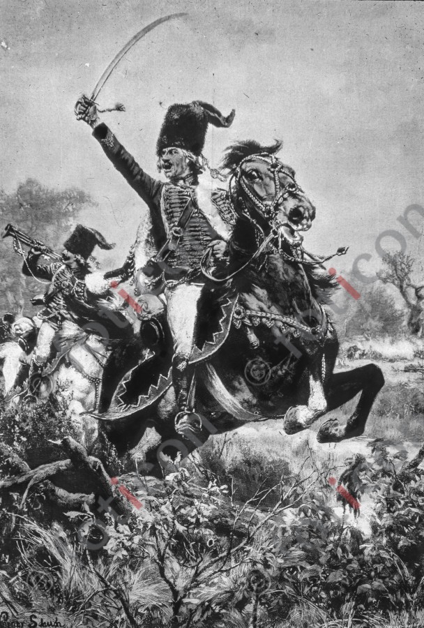 Hans Joachim von Zieten greift mit seinen Husaren an; Hans Joachim von Zieten and his hussars are attacking (foticon-simon-190-040-sw.jpg)